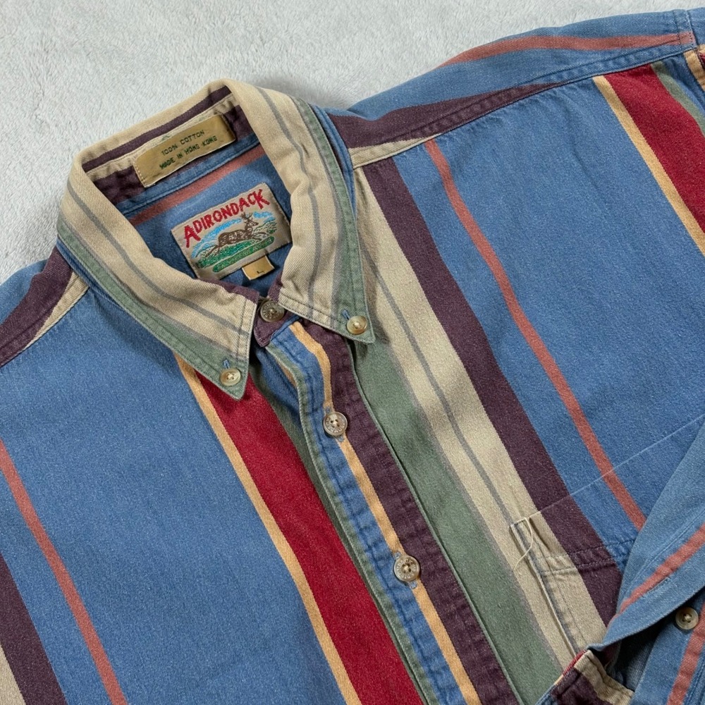 Vintage 90s Adirondack Striped Button Down Shirt Men Large Cotton Vintage Preppy